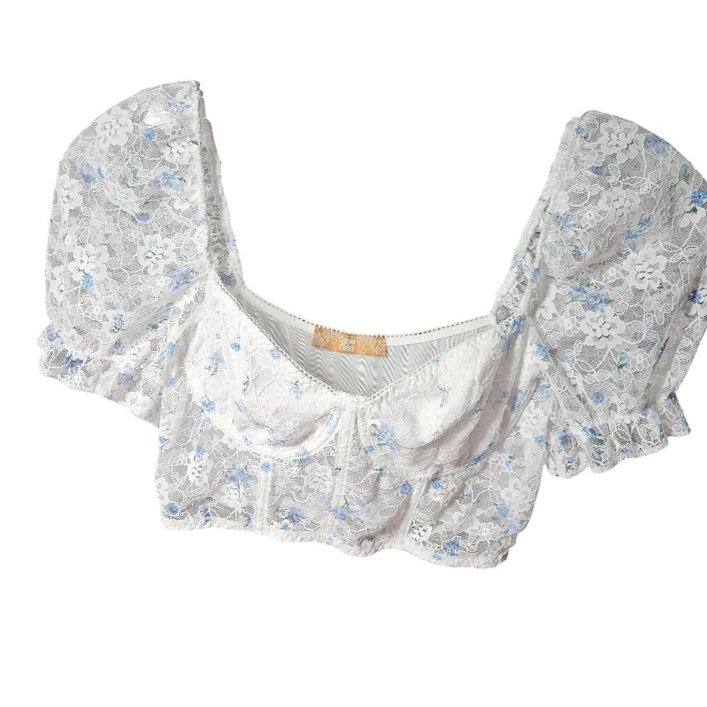 White Lace Floral Crop Top With Puff Sleeves By The Copper Closet - Size S